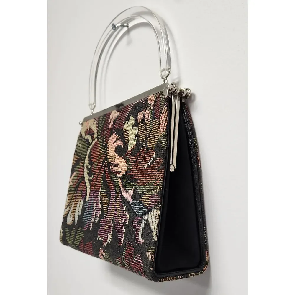 Vintage Multicolor Floral Tapestry Purse Lucite Handle Convertible Bag